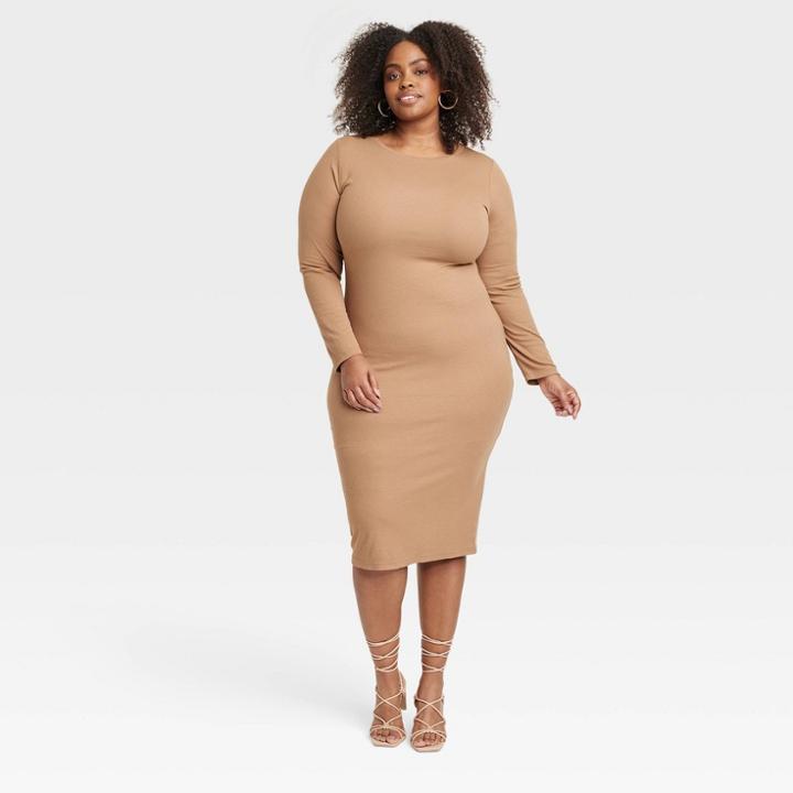 Women's Open Back Long Sleeve Bodycon Dress - Ava & Viv Tan