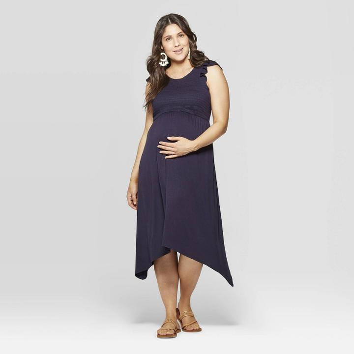 Maternity Short Sleeve Scoop Neck Smocked Front Midi Dress - Isabel Maternity By Ingrid & Isabel Navy L, Women's, Blue