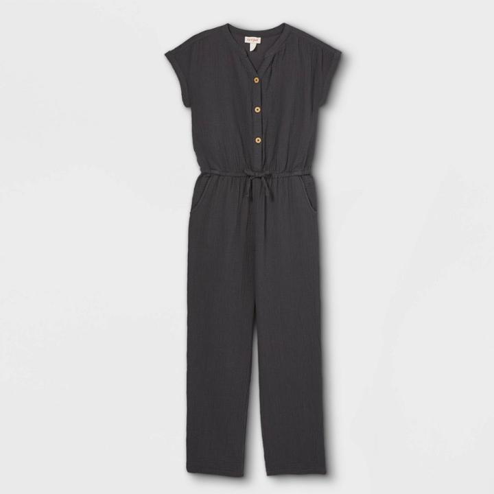 Girls' Button-front Short Sleeve Jumpsuit - Cat & Jack Dark Gray