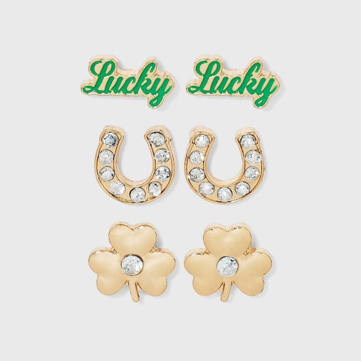 Girls' 3pk Irish Earring Set With 'lucky' And Shamrock Studs - Art Class , Gold