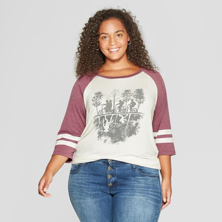 Women's Stranger Things 3/4 Sleeve Plus Size Upside Down Raglan Graphic T-shirt (juniors') Burgundy