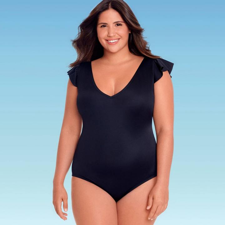 Women's Plus Size Slimming Control Ruffle Sleeve One Piece Swimsuit - Beach Betty By Miracle Brands Black