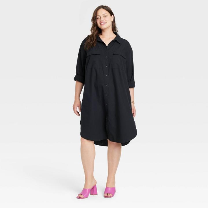 Women's Plus Size Long Sleeve Button-down Shirt - Ava & Viv Black