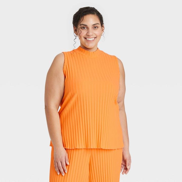 Women's Plus Size Mock Neck Ribbed Tank Top - A New Day Orange