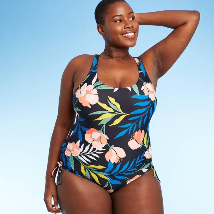 Women's Plus Size Side-cinch One Piece Swimsuit - Kona Sol Black Floral
