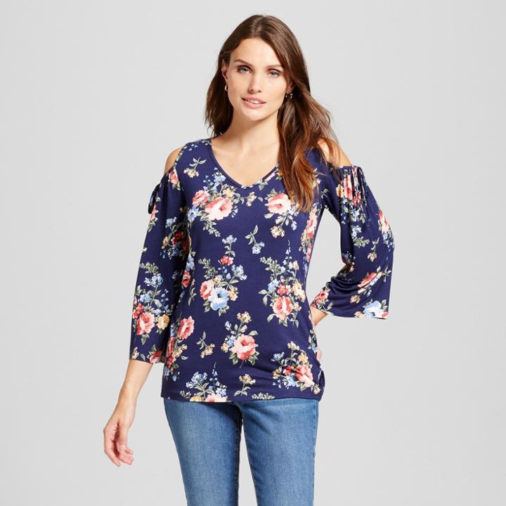 Women's Long Sleeve Floral Printed Cold Shoulder V-neck Top - Como Black Blue Floral