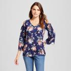 Women's Long Sleeve Floral Printed Cold Shoulder V-neck Top - Como Black Blue Floral