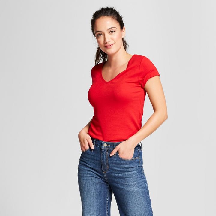 Women's Slim Fit Fitted Short Sleeve V-neck T-shirt - A New Day Red