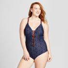 Costa Del Sol Women's Crochet Lace-up One Piece - Navy/brown X, Blue