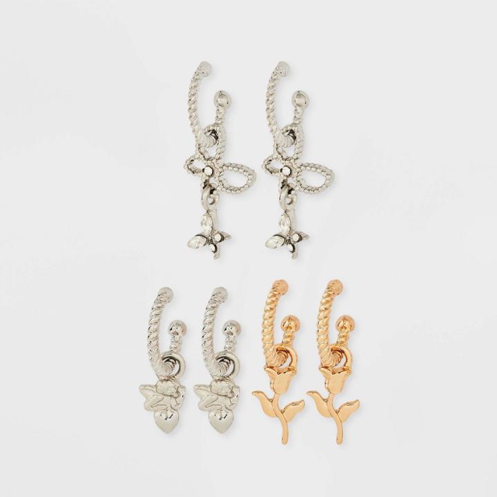 Rose And Butterfly Charm Hoop Trio Earring Set - Wild Fable Gold/silver