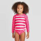 Toddler Girls' 2pc Stripe Raglan Long Sleeve Rash Guard With Ruffle Brief - Cat & Jack Pink 12m, Toddler Girl's