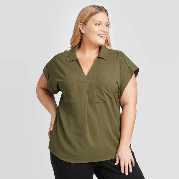 Women's Plus Size Short Sleeve Collared Knit Woven Blouse - Ava & Viv Olive X, Women's, Green