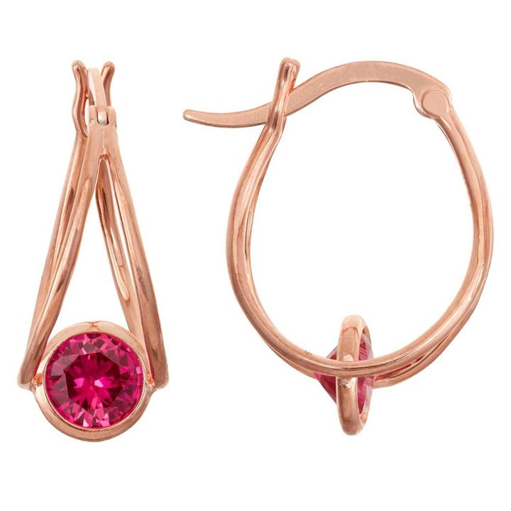 1 2/3 Tcw Tiara Rose Gold Over Silver 6mm Bezel-set Ruby Hoop Earrings, Red