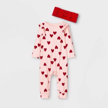 Baby Girls' Heart Rib Romper With Headband - Cat & Jack Pink Newborn