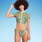 Women's Short Sleeve Zip Front Rashguard - Wild Fable Tropical Print Xxs, Blue/pink/green