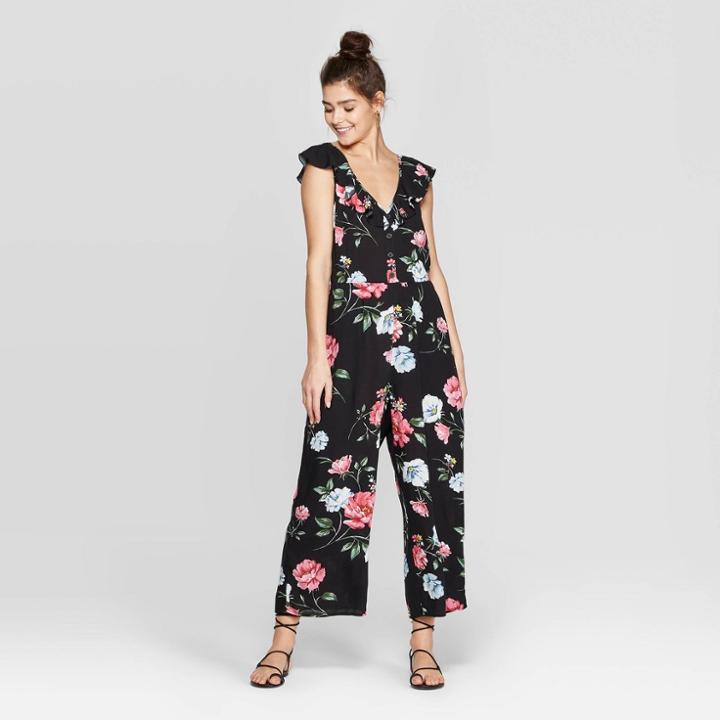 Women's Floral Print Flutter Sleeve V-neck Button Front Jumpsuit - Xhilaration Black