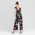 Women's Floral Print Flutter Sleeve V-neck Button Front Jumpsuit - Xhilaration Black