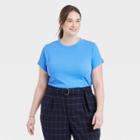 Women's Plus Size Short Sleeve Ribbed T-shirt - A New Day Bright Blue