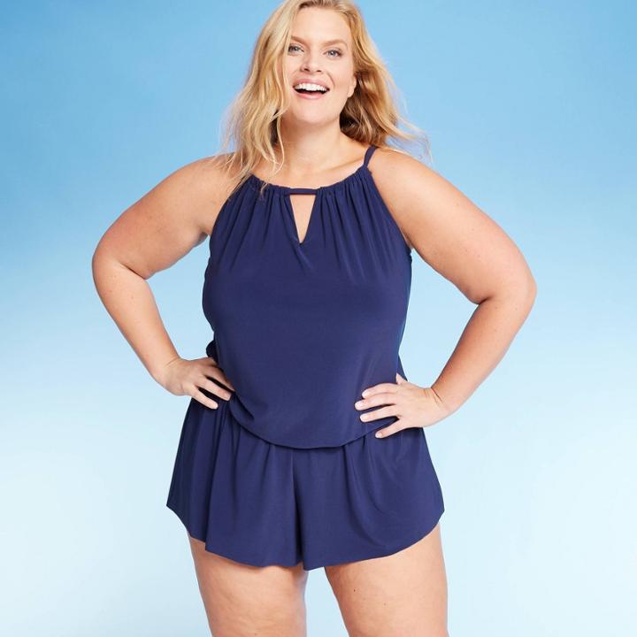 Women's Plus Size High Neck Swim Romper - Aqua Green Navy 16w, Women's, Blue