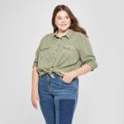 Women's Plus Size Soft Twill Long Sleeve Shirt - Universal Thread Olive (green) X