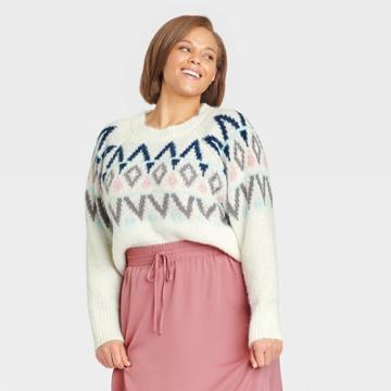 Women's Plus Size Crewneck Sweater - A New Day Cream Fair Isle 1x, Ivory Fair Isle
