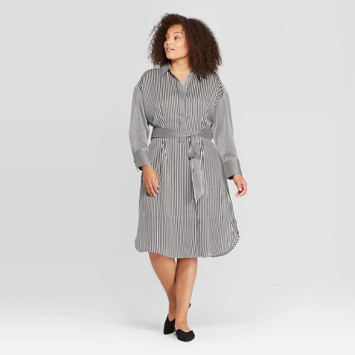 Women's Plus Size Striped Long Sleeve Collared Midi Dress - Who What Wear Black/white