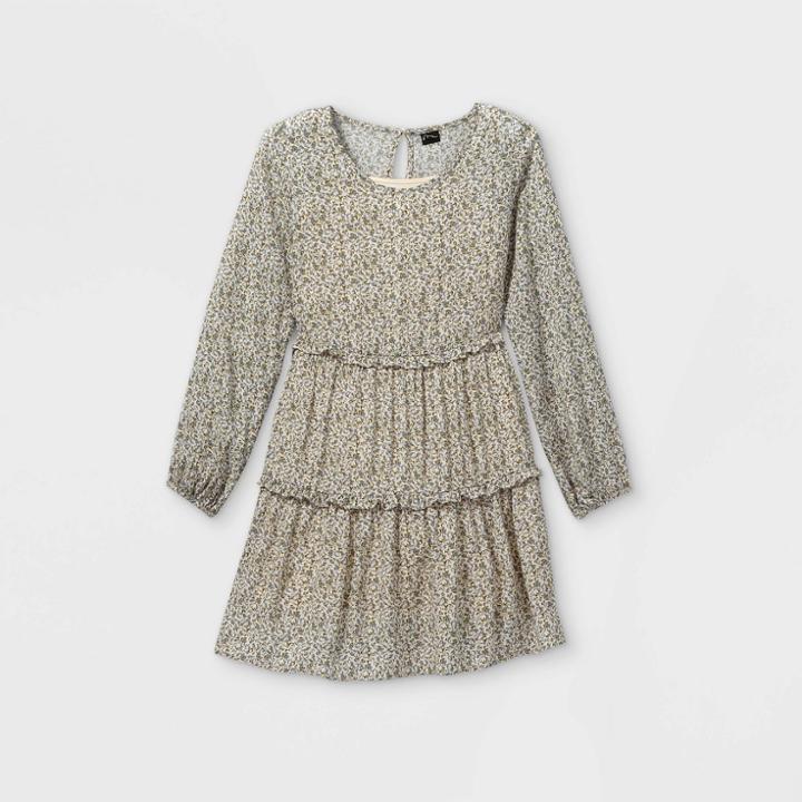 Girls' Long Sleeve Woven Tiered Dress - Art Class White