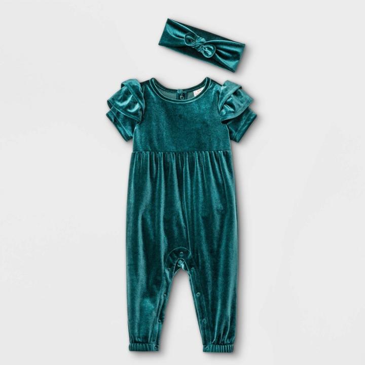 Baby Girls' Velour Short Sleeve Romper - Cat & Jack Dark Green Newborn