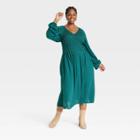 Women's Plus Size Balloon Long Sleeve Smocked Bodice Dress - Ava & Viv Green Geometric X