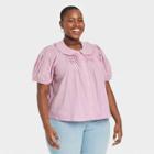 Women's Plus Size Striped Puff Short Sleeve Button-down Shirt - Universal Thread Lilac