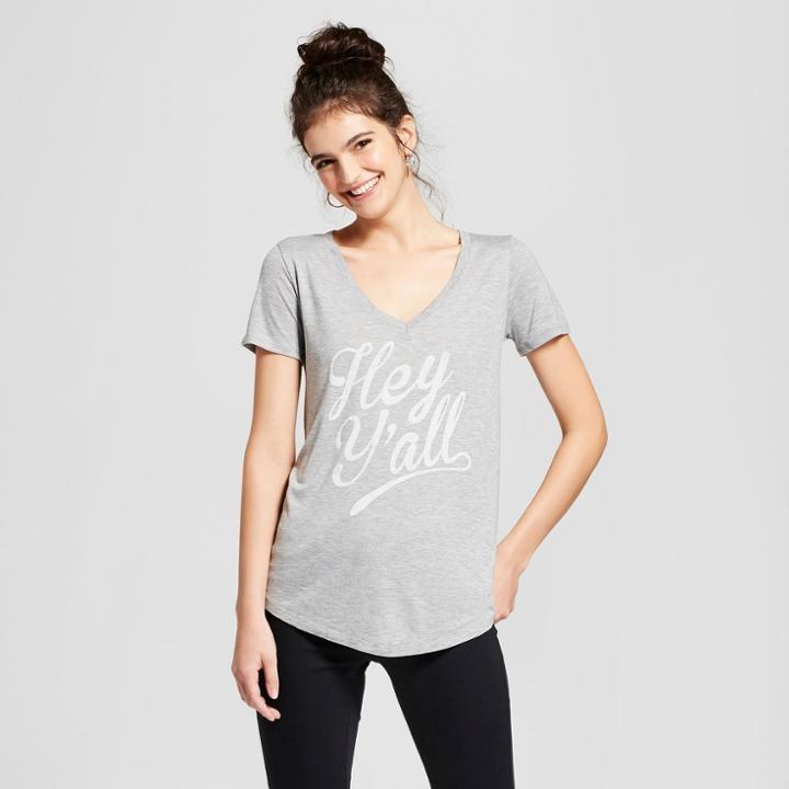 Women's Hey Y'all Short Sleeve V-neck Graphic T-shirt - Awake Gray