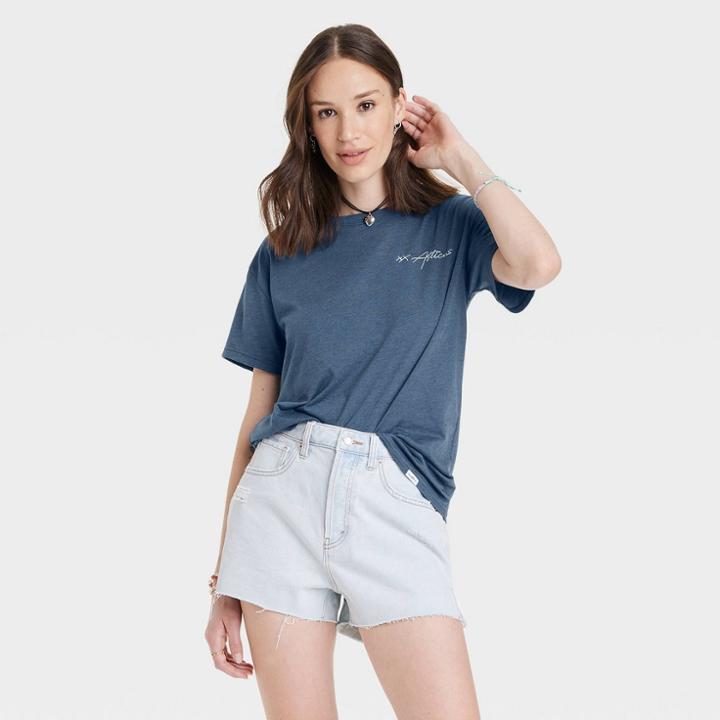 Modern Lux Women's Atticus Poetry Scars Like Wings Short Sleeve Graphic T-shirt - Navy Blue