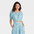 Women's Puff Short Sleeve Cropped Blouse - Universal Thread Blue Floral