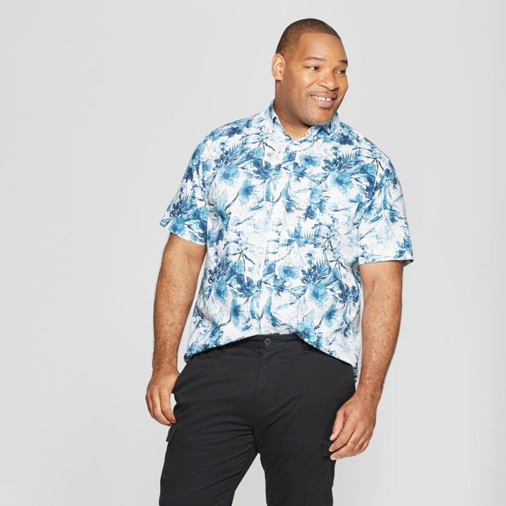 Men's Big & Tall Floral Print Standard Fit Short Sleeve Poplin Button-down Shirt - Goodfellow & Co Aqua Dip