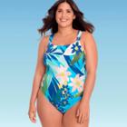 Women's Plus Size Slimming Control Lace-up Back One Piece Swimsuit - Beach Betty By Miracle Brands Tropical Print