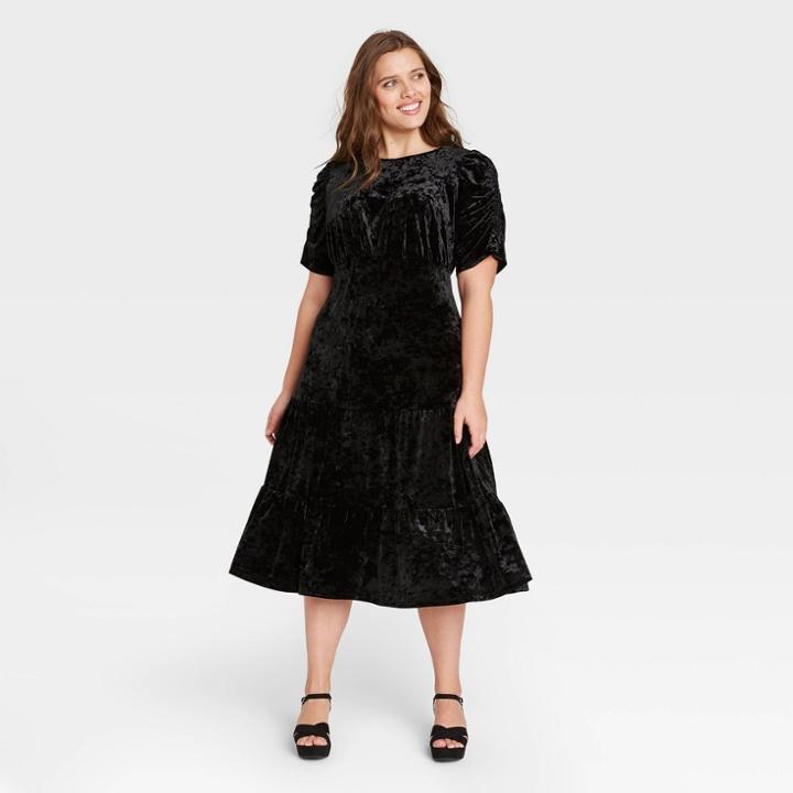 Women's Plus Size Puff Long Sleeve A-line Dress - Who What Wear Black