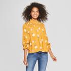 Women's Long Sleeve Floral Smocked Top Mock Neck Woven Top - Xhilaration Mustard (yellow)