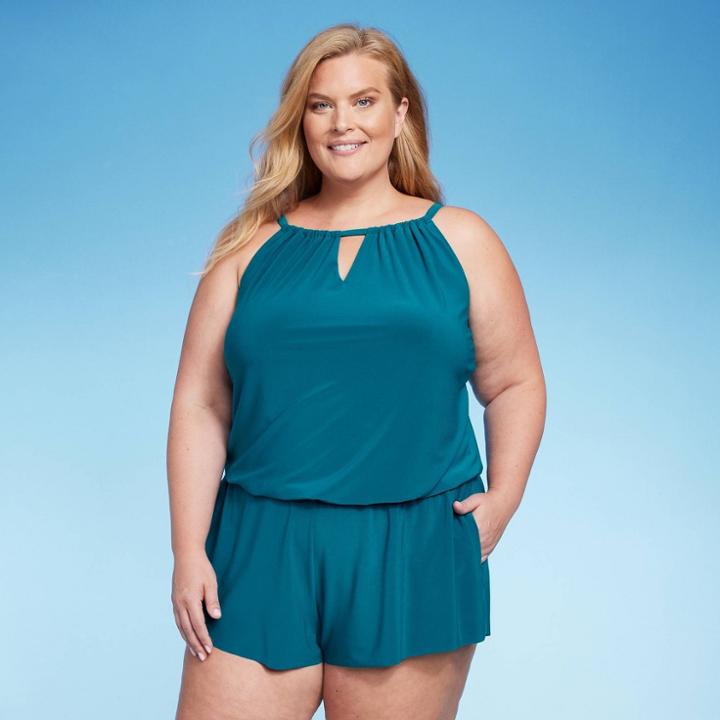 Women's High Neck Swim Romper With Pockets One Piece Swimsuit - Aqua Green Teal Green