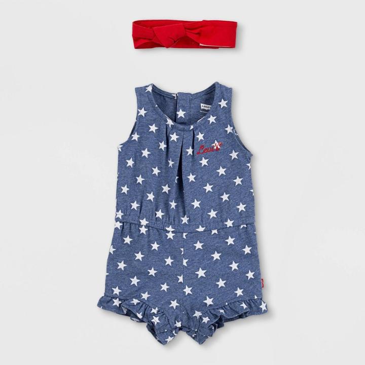 Levi's Baby Girls' Knit Ruffle Romper With Headband - Navy Heather Newborn, Grey/blue