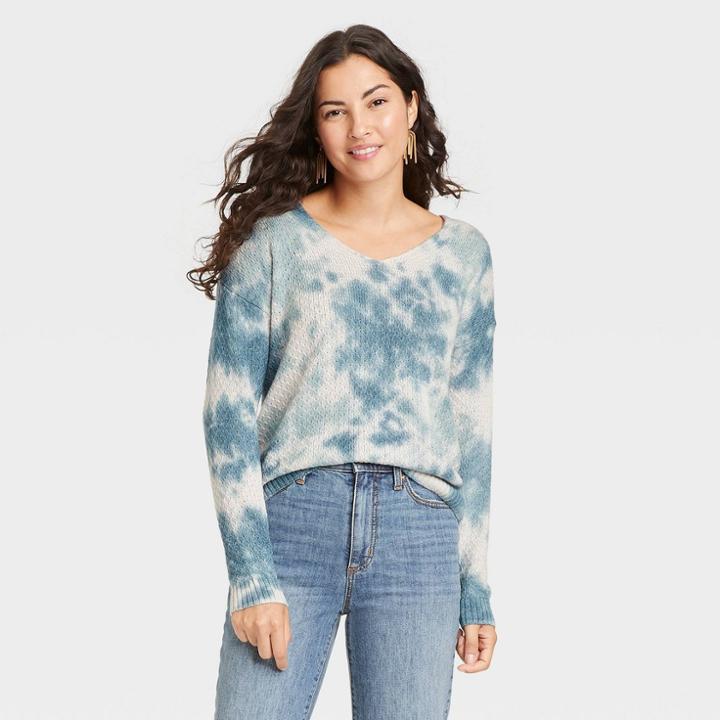 Women's V-neck Pullover Sweater - Knox Rose Teal Tie-dye S, Blue Tie-dye