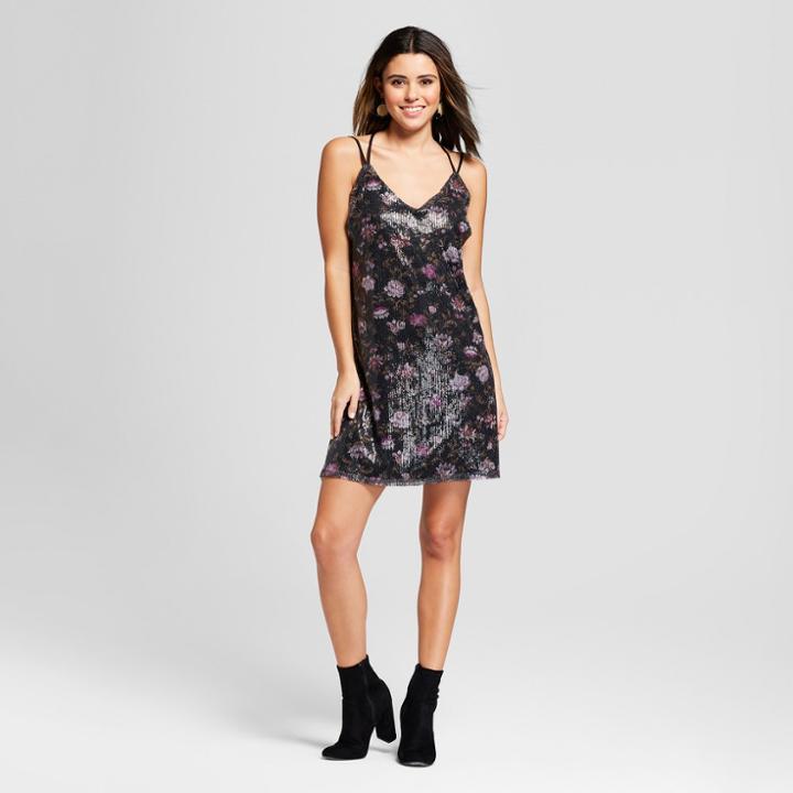 Women's Floral Printed Strappy Y Back Mesh Dress - Xhilaration Black