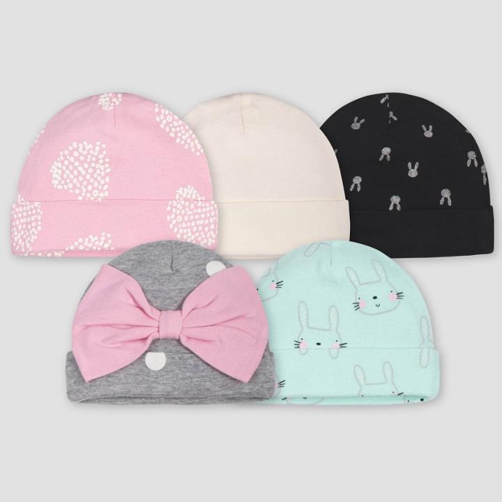 Gerber Baby Girls' 5pk Bunny Caps - Green/pink/gray