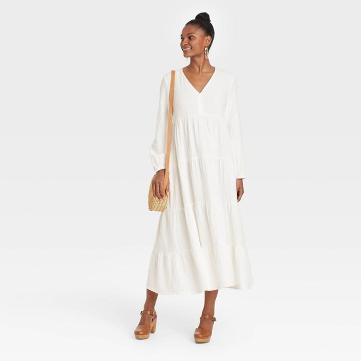 Women's Balloon Long Sleeve Tiered Dress - Universal Thread White