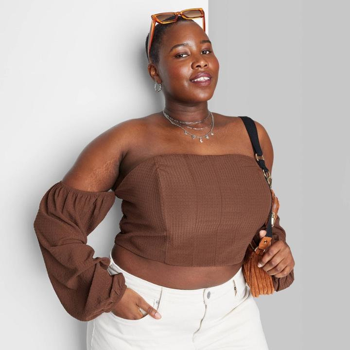Women's Balloon Long Sleeve Off The Shoulder Corset Top - Wild Fable Brown