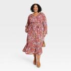 Women's Plus Size Long Sleeve Smocked Dress - Knox Rose Light Brown Floral