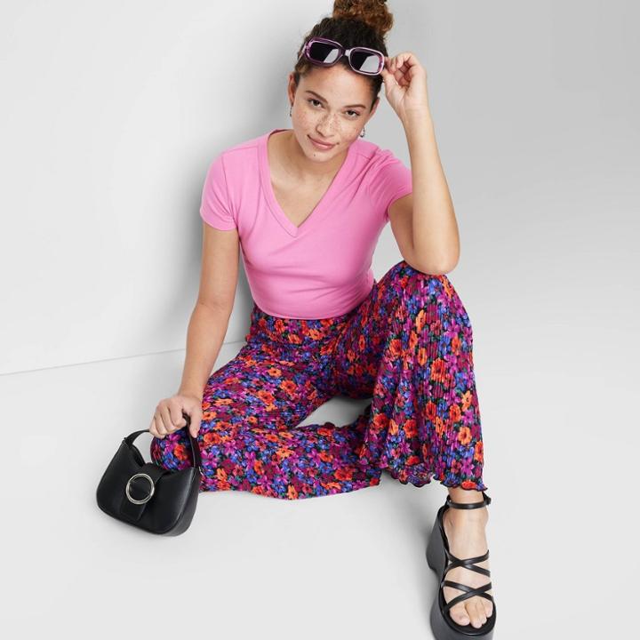 Women's Short Sleeve V-neck Cropped T-shirt - Wild Fable Magenta Xxs, Pink