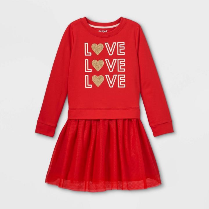 Girls' Long Sleeve 'valentine's Day L.o.v.e.' Knit Tulle Dress - Cat & Jack Red