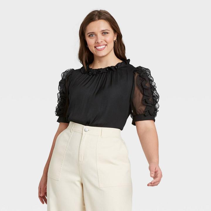 Women's Plus Size Puff Elbow Sleeve Ruffle Top - Who What Wear Black