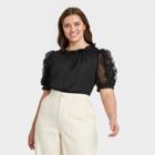 Women's Plus Size Puff Elbow Sleeve Ruffle Top - Who What Wear Black