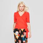 Women's Elbow Sleeve V-neck Wrap Top - A New Day Coral